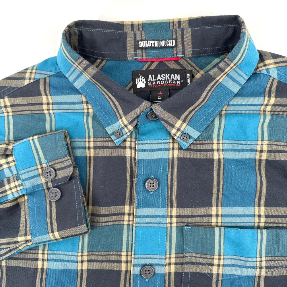 Alaskan Hardgear Duluth Trading Co Mens Large Slim Fit Plaid Untucked Shirt Blue